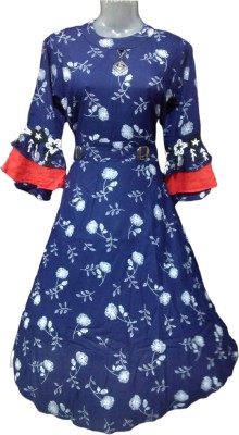 IFE Girls Floral Print Flared Kurta(Blue)