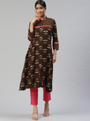 SVARCHI Women Floral Print A-line Kurta(Brown)