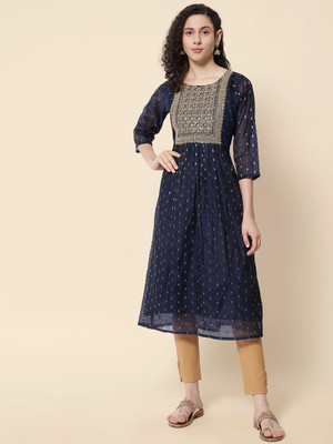 PPTOSS Women Embroidered A-line Kurta(Dark Blue)