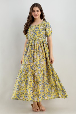 sanracchna fabricss Women Printed Gown Kurta(Yellow)