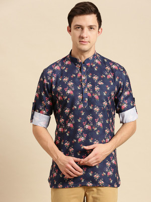 Sanwara Men Floral Print Straight Kurta(Blue)