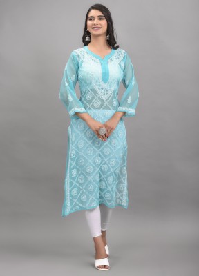 Apratim Women Chikan Embroidery Straight Kurta(Green)