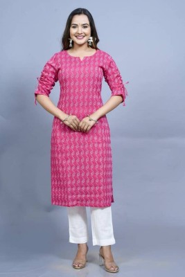 FAONN Women Printed Straight Kurta(Pink)