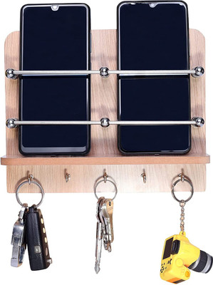 Virth Wooden Double & Keys Hook Stand for Phone Charging, Remote Holding Mobile Holder
