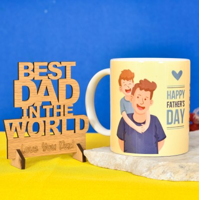 PRIDE STORE Fathers day quote mug with wood showpiece Ceramic Coffee Mug(330 ml, Pack of 2)