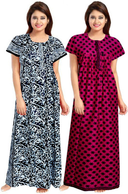 zalya Women Nighty Set(Black, Pink)
