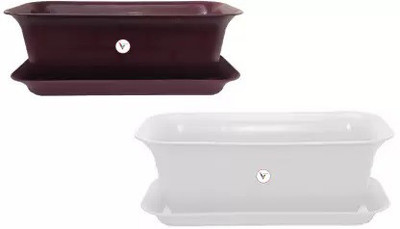 VINSHRA Rectangular Planter With Bottom Tray/Flower Pot/Garden/Gamla Brownish Purple and White, Pack of 2 Pieces Plant Container Set(Pack of 2, Plastic)