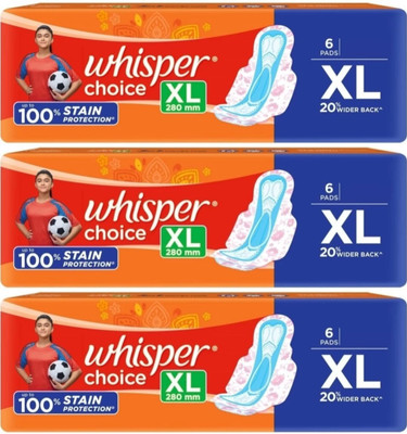 Whisper Choice Extra Long Stain Protection XL – 6+6+6 Pads Sanitary Pad (Pack of 3)