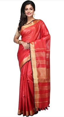 govind handloom Solid/Plain Bhagalpuri Cotton Linen Saree(Red)