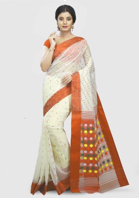 Mystory Woven Jamdani Handloom Pure Cotton Saree(White, Orange)