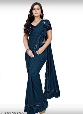S S CREATION Embellished Bollywood Lycra Blend Saree(Blue)