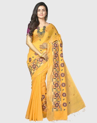 Mystory Embroidered Daily Wear Handloom Cotton Silk Saree(Yellow)