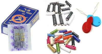 Kunfaya 10Pc Size 16 Sewing Machine Needle + 10 Pc Multicolor & B/W Spool, 2Thread Pick Sewing Kit