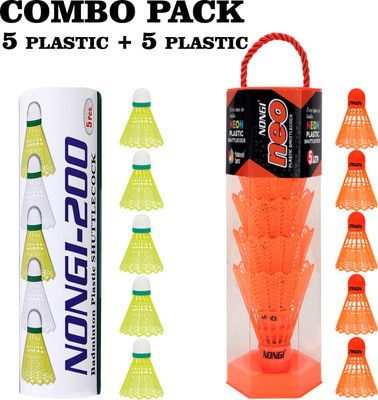 Nongi Badminton Shuttle (NEO & 200) Combo Pack Of 10 Shuttle For Indoor Outdoor sports Plastic Shuttle  - Orange, Yellow(Medium, 77, Pack of 10)