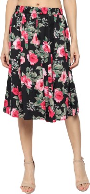 Aniyank Floral Print Women Flared Black Skirt