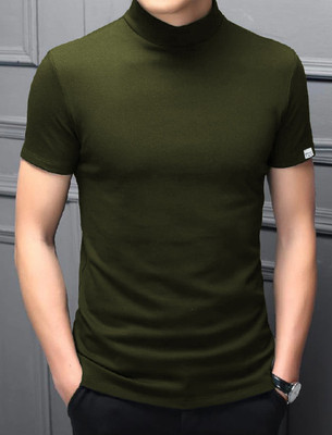 CLAfoutis Solid Men High Neck Dark Green T-Shirt