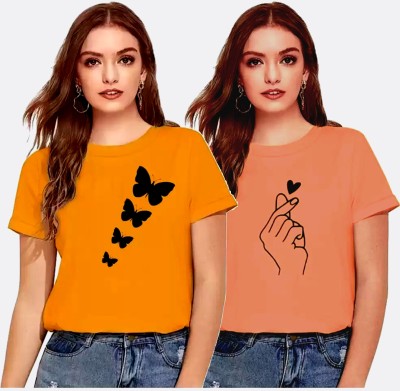 Boscage with device Printed Women Round Neck Orange, Yellow T-Shirt