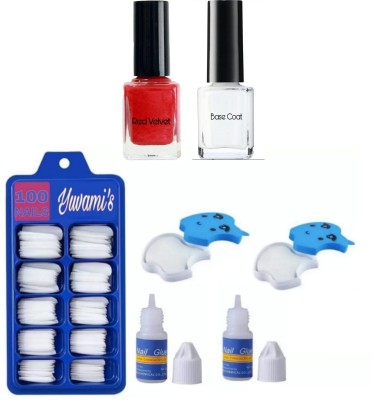 Yuvami's 100 artificial Nails With 2 Nailpolish Wipes With Red & Top Coat Nailpolish (Off White)(Pack of 100)