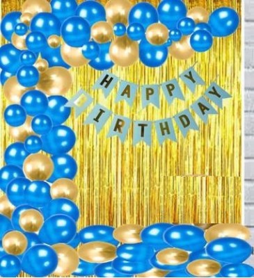SUSANYA Solid Happy Birthday Banner sky blue,+ 30 blue/gold Balloons+2 gold Curtains Balloon(Blue, Gold, Pack of 45)