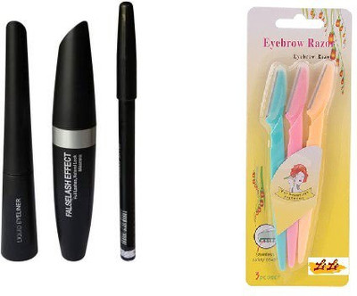Lele 3 in 1 Combo Eyeliner,Mascara With Eyebrow Pencil and 3 eye Razor-Z-23(6 Items in the set)