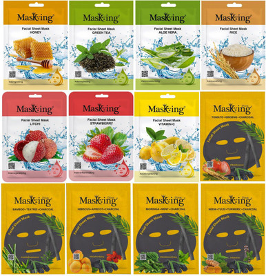 MasKing Charcoal & Beauty Facial Sheet Mask Ideal for Women & Men Combo Pack of 12(265 ml)