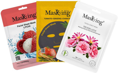 MasKing Beauty Bamboo Charcoal Facial Sheet Mask of Litchi, Tea Tree & Tomato Pack of 3(65 ml)