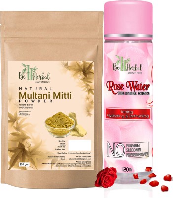 BE HERBAL Pure Natural Multani mitti powder 200gm+Rose water 120ml combo Face & Skin Glow(320 g)