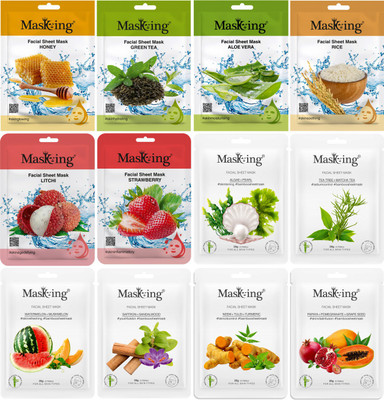 MasKing Natural Bamboo & Beauty Facial Sheet Mask Ideal for Women & Men Combo Pack of 12(240 ml)