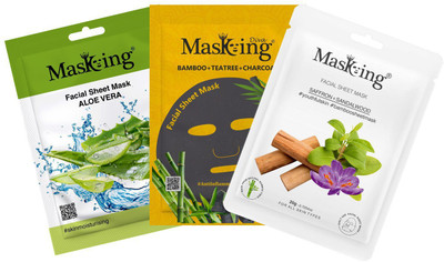 MasKing Beauty Bamboo Charcoal Facial Sheet Mask of Aloevera Saffron & Teatree Pack of 3(65 g)