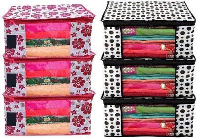 Sameer Enterprises Design 6 Piece Non Woven Fabric Saree Cover/Clothes Organiser for Wardrobe Set with Transparent Window, Extra Large (Pink Flowers, Black Polka Dot) (Wedding Collection Gift) Premium Clothes Cover Garment Organizer(Pink, Black)