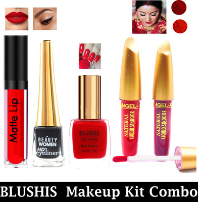 BLUSHIS Red Liquid Matte Lipstick + Black Eyelinner+ Red Nail Paint + Red&Maroon Sindoor