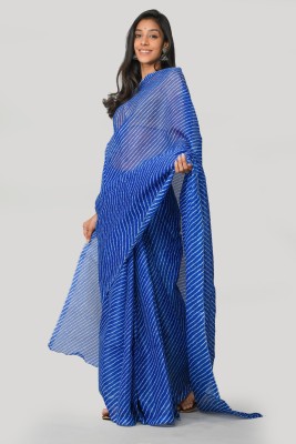 suvaruu Striped Leheria Cotton Blend Saree(Blue)