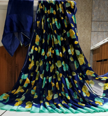 Bombey Velvat Fab Printed Daily Wear Chiffon, Satin Saree(Dark Blue, Green)