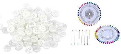 Kunfaya 25 Pcs White Buttons + 80Pc Plastic Pearl Head Pins Sewing Kit