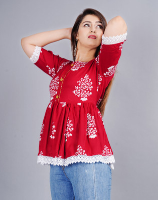 CANGO Casual Printed Women Red Top