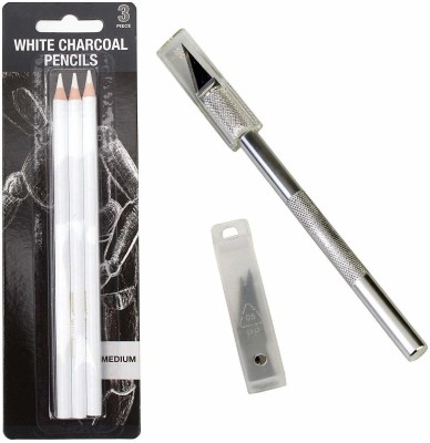 sabahz White charcoal 3 pcs pencil and detail Knife with 5 Extra Blade