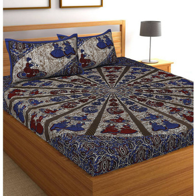 LITTLE INDIA 110 TC Cotton Double Jaipuri Prints Flat Bedsheet(Pack of 1, Blue)