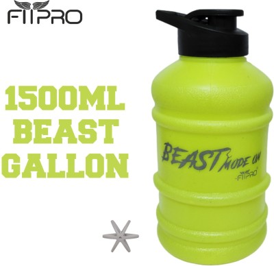 FitPro BEAST 1.5L SPORTS GALLON WATER BOTTLE FOR GYM SHAKER WITH MIXER BALL NEON GREEN 1500 ml Shaker(Pack of 1, Green, Plastic)