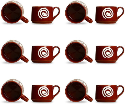 caffeine Pack of 12 Ceramic Handmade Doodle Cubic Tea Cup(Brown, Cup Set)