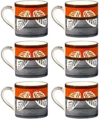 caffeine Pack of 6 Ceramic Handmade Authentic Leaf Print Tea Cup(Orange, Grey, Cup Set)