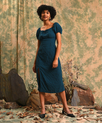 CAMPUS SUTRA Women Fit and Flare Blue Knee Length Dress