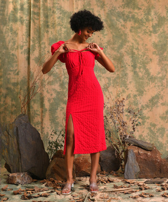 CAMPUS SUTRA Women Fit and Flare Red Midi/Calf Length Dress