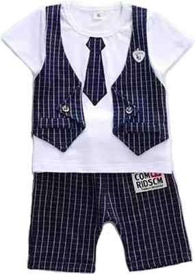 Bold N Elegant Baby Boys Party(Festive) T-shirt Shorts(Navy Blue, White)