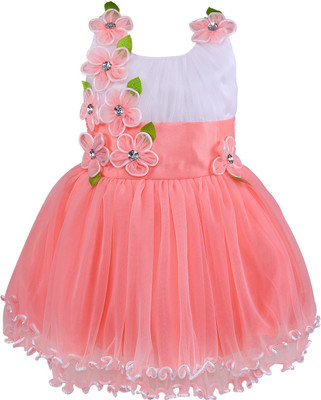 Wishkaro Girls Midi/Knee Length Party Dress(Orange, Sleeveless)