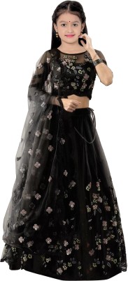 Gheludi Girls Lehenga Choli Party Wear Embroidered, Embellished Lehenga, Choli and Dupatta Set(Black, Pack of 1)