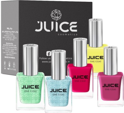 Juice | ONE COAT | NAIL PAINT COMBO | LONG LASTING | 11ML EACH | PACK OF 4 | GLORIOUS SKY - P05, SPRING GREEN - P07, FLAMENCO RED - 11, PINK PEACH - 42, BUTTERFLY YELLOW - 77(Pack of 5)