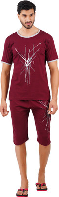 GOKUL FASHION Men Graphic Print Maroon Top & Capri Set