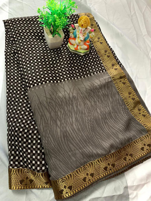 MEETVIN COUTURE Floral Print Bollywood Georgette, Chiffon Saree(Brown)