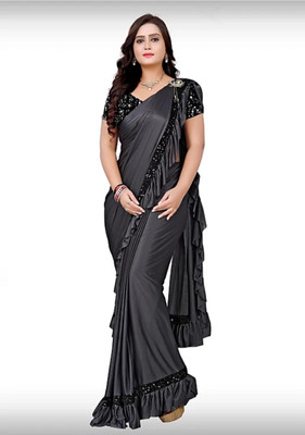 gunatit hub Solid/Plain Bollywood Silk Blend, Lycra Blend Saree(Grey)