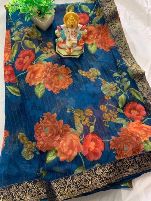 BLEESBURY Printed, Self Design, Geometric Print, Graphic Print, Floral Print, Polka Print, Solid/Plain Bollywood Georgette, Chiffon Saree(Blue)